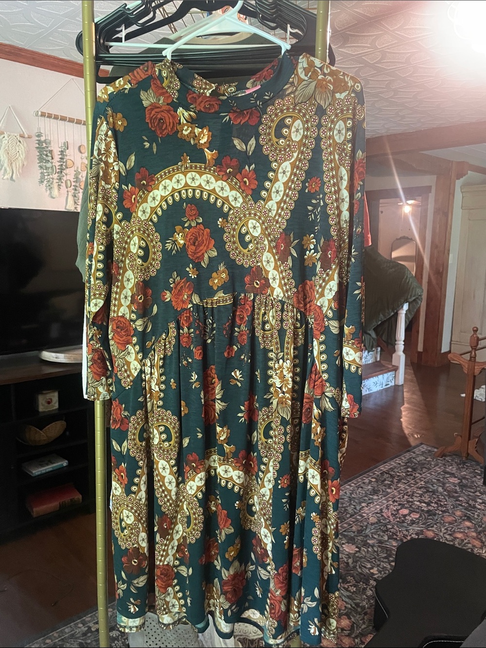Green Floral Paisley Long-Sleeve Midi Dress